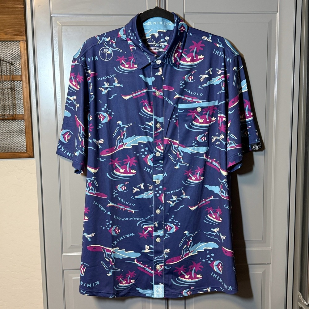 SundayCrew Mens Drift Coast Hawaiian Performance SPF UV Shirt, Navy Purple,XL